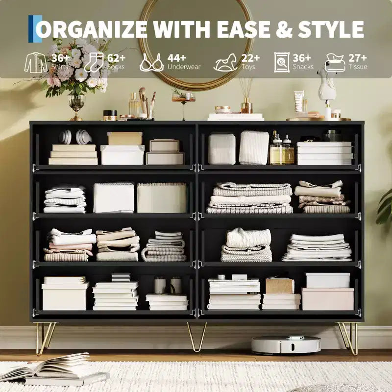 Acekool Fluted 8 Drawer Dresser for Bedroom, Wide Modern Wood Chest and TV Stand for Living Room Hallway