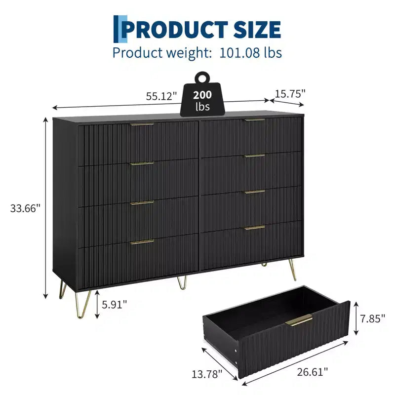 Acekool Fluted 8 Drawer Dresser for Bedroom, Wide Modern Wood Chest and TV Stand for Living Room Hallway