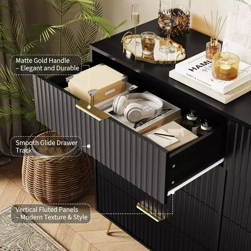 Acekool Fluted 8 Drawer Dresser for Bedroom, Wide Modern Wood Chest and TV Stand for Living Room Hallway