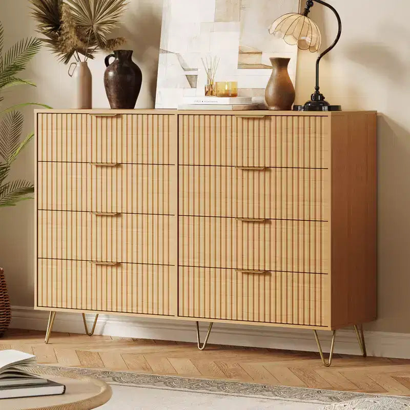 Acekool Fluted 8 Drawer Dresser for Bedroom, Wide Modern Wood Chest and TV Stand for Living Room Hallway