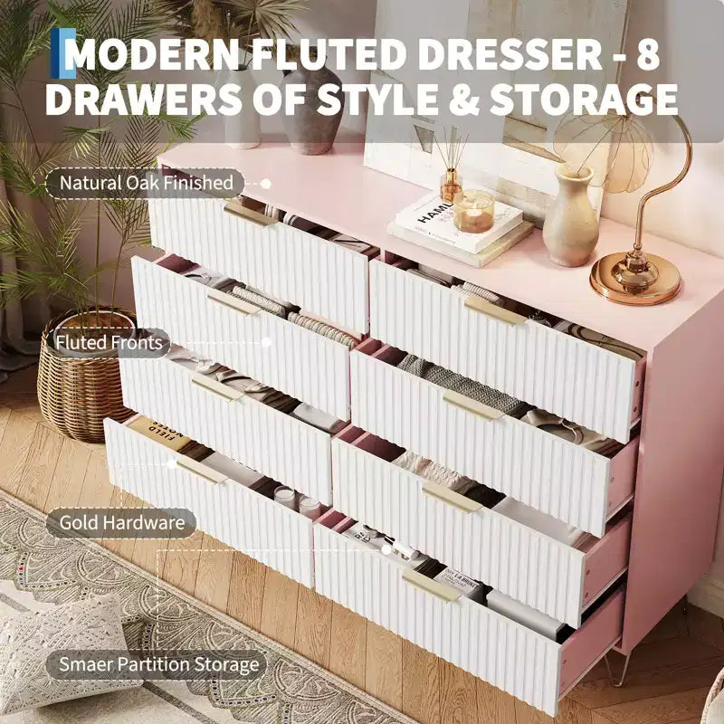 Acekool Fluted 8 Drawer Dresser for Bedroom, Wide Modern Wood Chest and TV Stand for Living Room Hallway