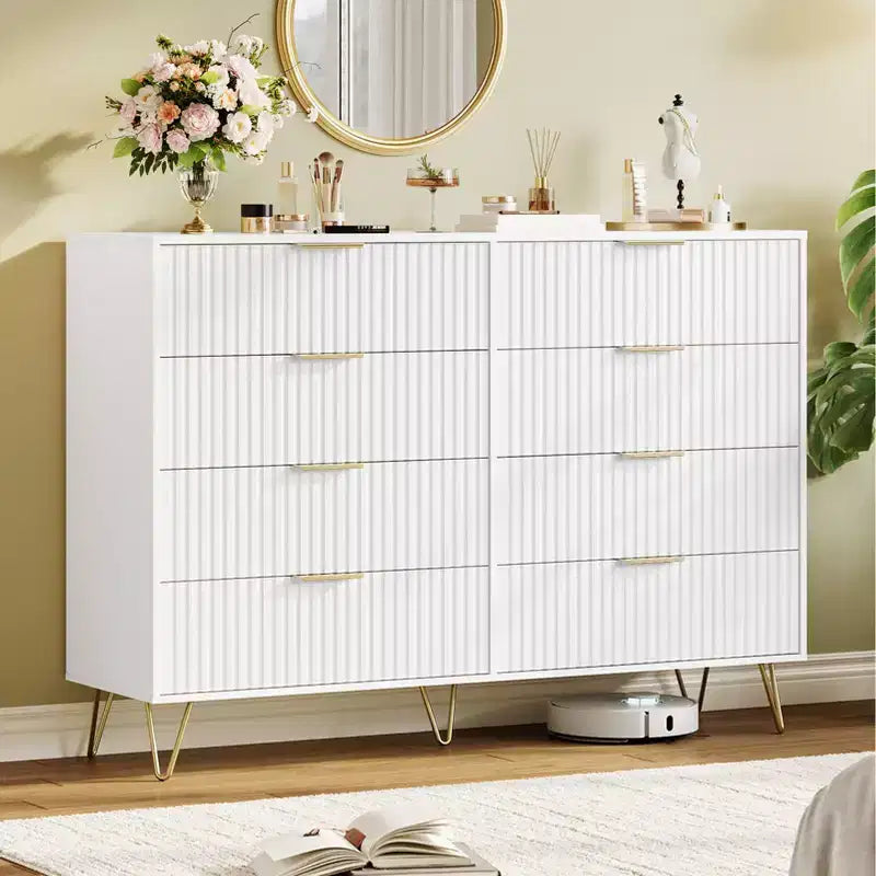 Acekool Fluted 8 Drawer Dresser for Bedroom, Wide Modern Wood Chest and TV Stand for Living Room Hallway