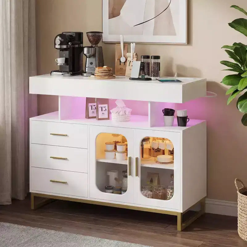 Modern Sideboard Buffet Cabinet with Auto-Sensor RGB LED Lights & Built-in Charging Station, Coffee Bar Table with Storage