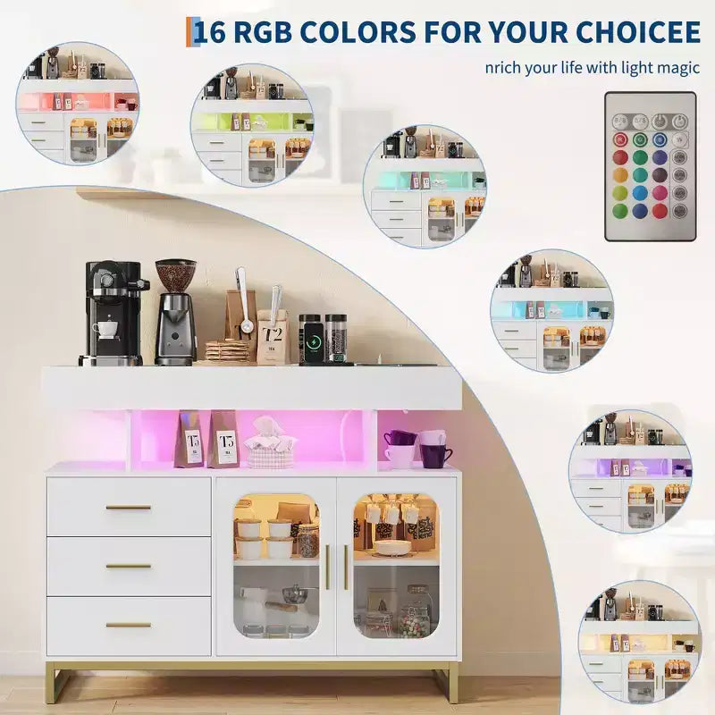 Modern Sideboard Buffet Cabinet with Auto-Sensor RGB LED Lights & Built-in Charging Station, Coffee Bar Table with Storage