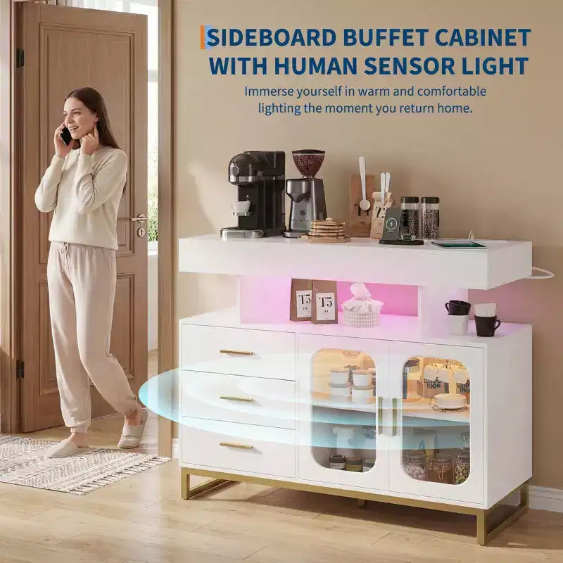Modern Sideboard Buffet Cabinet with Auto-Sensor RGB LED Lights & Built-in Charging Station, Coffee Bar Table with Storage