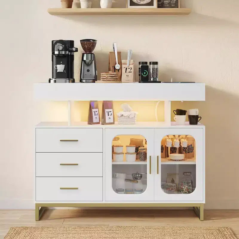 Modern Sideboard Buffet Cabinet with Auto-Sensor RGB LED Lights & Built-in Charging Station, Coffee Bar Table with Storage