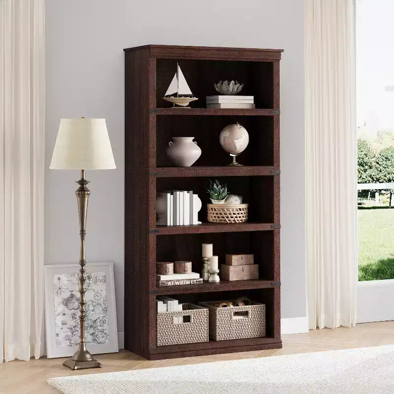 Wooden Bookcase, Rustic Farmhouse Bookshelf with Storage, Open Display Shelves, Freestanding Bookshelf, for Home Office, Living Room