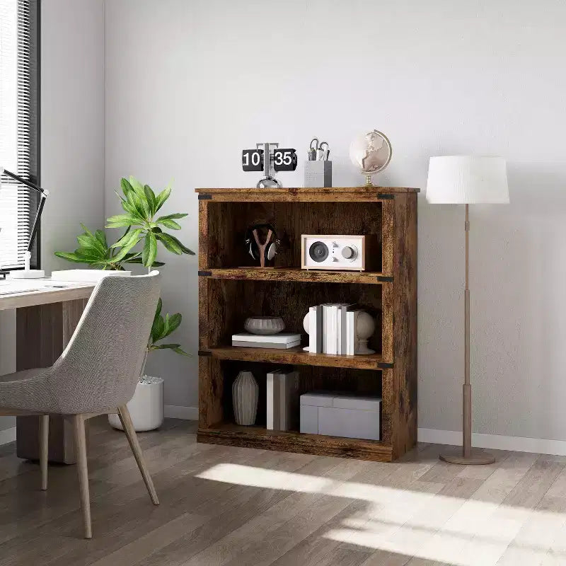 Wooden Bookcase, Rustic Farmhouse Bookshelf with Storage, Open Display Shelves, Freestanding Bookshelf, for Home Office, Living Room