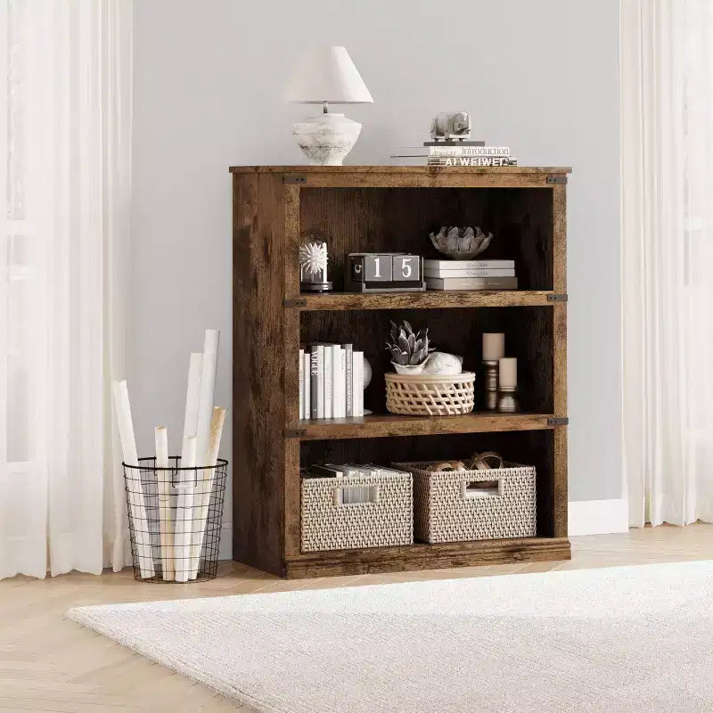Wooden Bookcase, Rustic Farmhouse Bookshelf with Storage, Open Display Shelves, Freestanding Bookshelf, for Home Office, Living Room