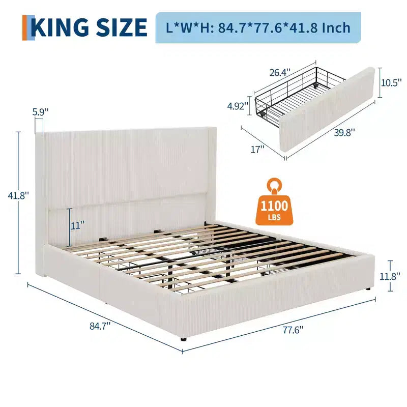 Upholstered Platform Bed Frame with Storage Drawers, Corduroy Wingback with Tufted Headboard and Footboard, No Box Spring Needed