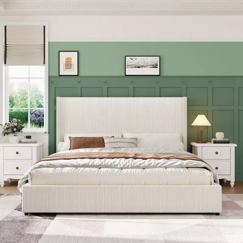 Upholstered Platform Bed Frame with Storage Drawers, Corduroy Wingback with Tufted Headboard and Footboard, No Box Spring Needed