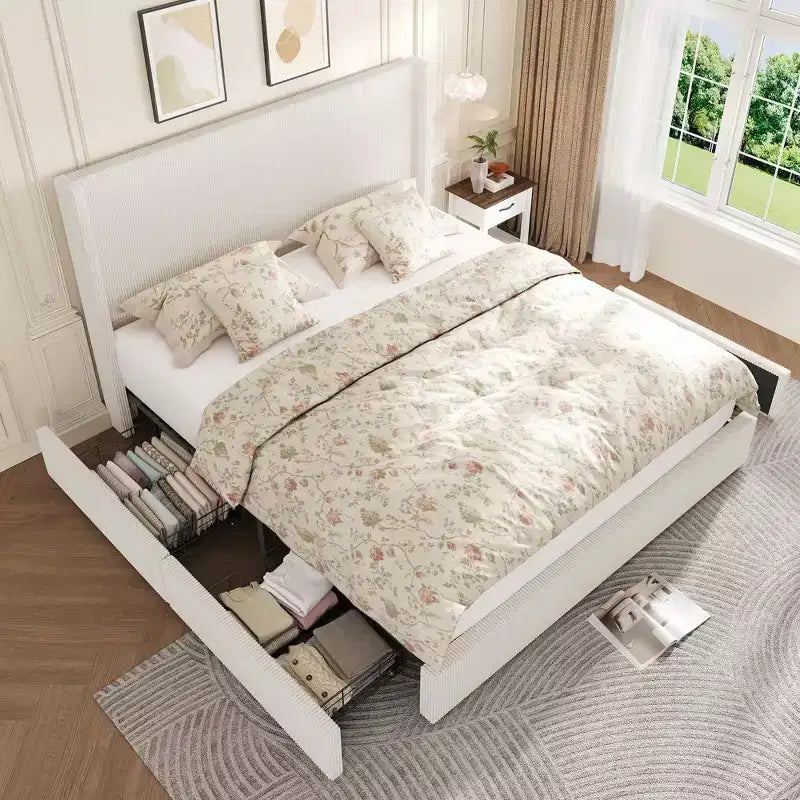 Upholstered Platform Bed Frame with Storage Drawers, Corduroy Wingback with Tufted Headboard and Footboard, No Box Spring Needed