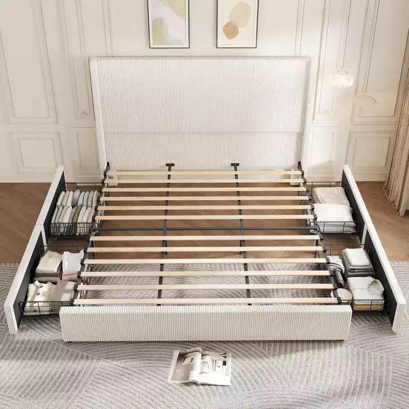 Upholstered Platform Bed Frame with Storage Drawers, Corduroy Wingback with Tufted Headboard and Footboard, No Box Spring Needed