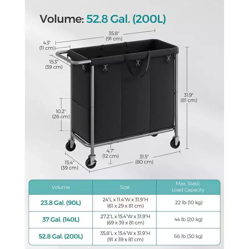SONGMICS Laundry Basket with Wheels, Rolling Laundry Hamper, Removable Liner, Steel Frame with Handle, Blanket Storage
