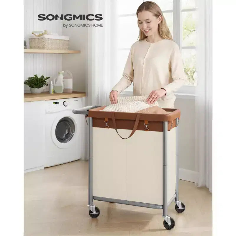 SONGMICS Laundry Basket with Wheels, Rolling Laundry Hamper, Removable Liner, Steel Frame with Handle, Blanket Storage