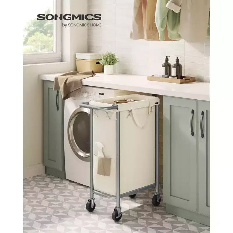 SONGMICS Laundry Basket with Wheels, Rolling Laundry Hamper, Removable Liner, Steel Frame with Handle, Blanket Storage