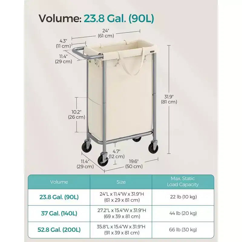 SONGMICS Laundry Basket with Wheels, Rolling Laundry Hamper, Removable Liner, Steel Frame with Handle, Blanket Storage
