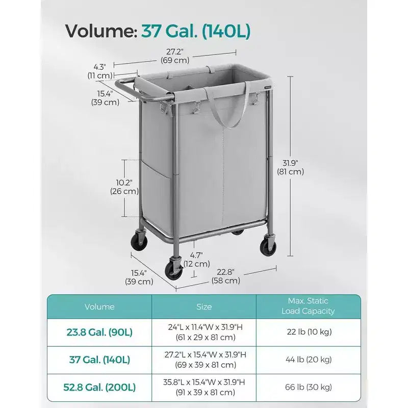 SONGMICS Laundry Basket with Wheels, Rolling Laundry Hamper, Removable Liner, Steel Frame with Handle, Blanket Storage