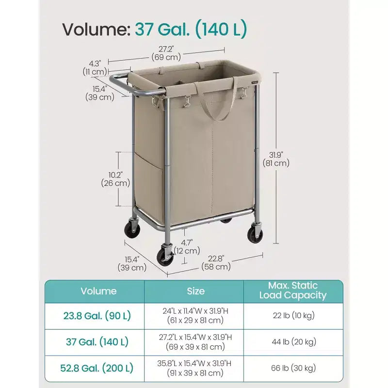 SONGMICS Laundry Basket with Wheels, Rolling Laundry Hamper, Removable Liner, Steel Frame with Handle, Blanket Storage
