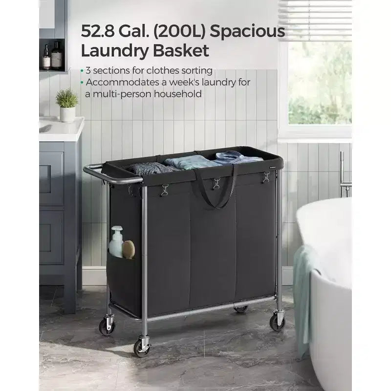 SONGMICS Laundry Basket with Wheels, Rolling Laundry Hamper, Removable Liner, Steel Frame with Handle, Blanket Storage