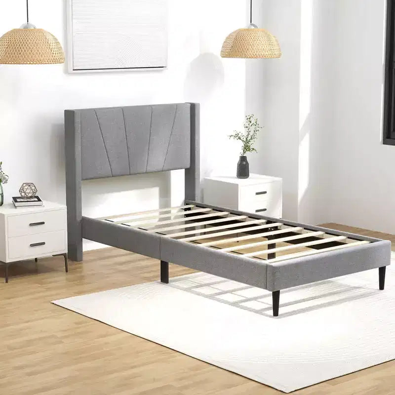 Costway Queen/Twin Bed Frame Modern Platform Bed with Linen Upholstered Wingback Headboard
