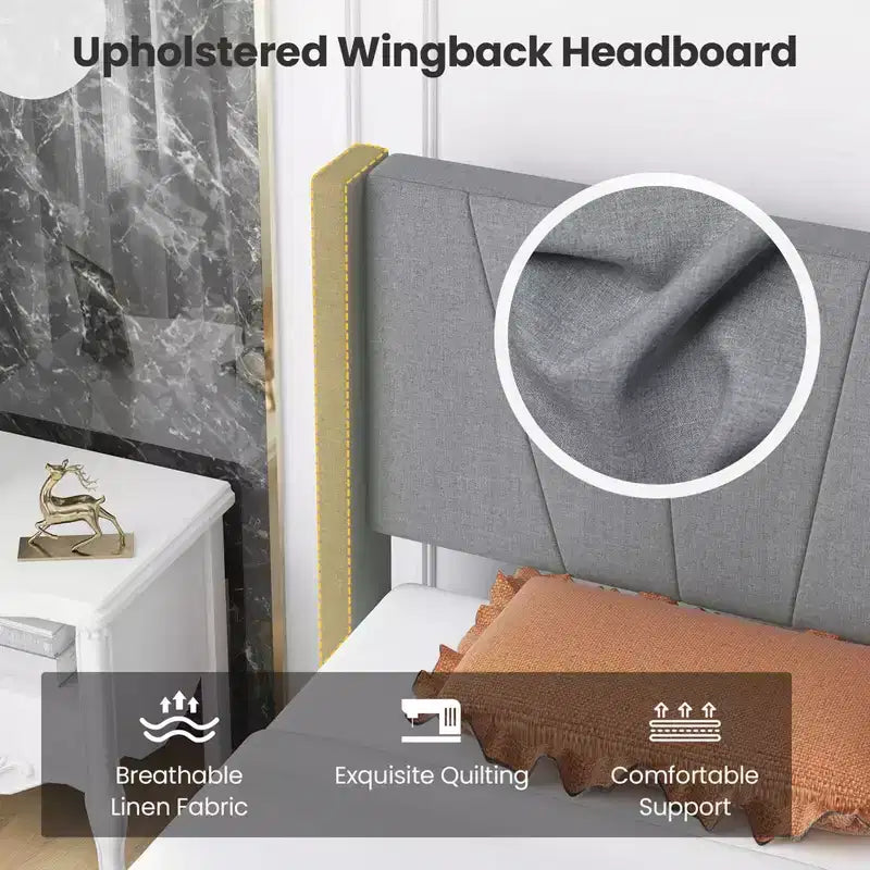 Costway Queen/Twin Bed Frame Modern Platform Bed with Linen Upholstered Wingback Headboard