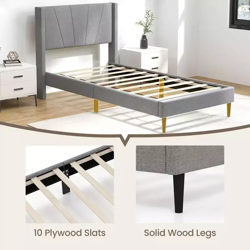 Costway Queen/Twin Bed Frame Modern Platform Bed with Linen Upholstered Wingback Headboard