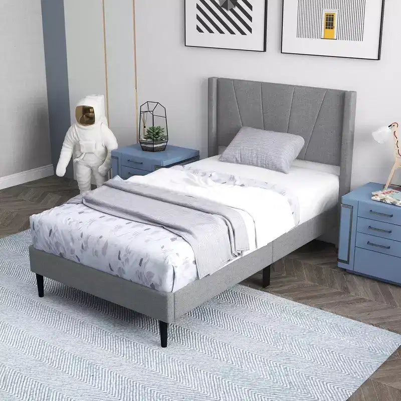 Costway Queen/Twin Bed Frame Modern Platform Bed with Linen Upholstered Wingback Headboard