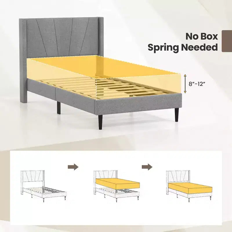 Costway Queen/Twin Bed Frame Modern Platform Bed with Linen Upholstered Wingback Headboard