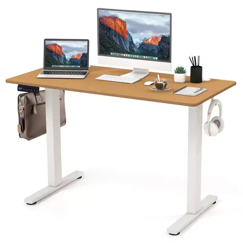 Costway 48'' x 24'' Electric Standing Desk Height Adjustable with 3 Memory Heights & 2 Cable Management Holes Natural White/Rustic Brown/Natural