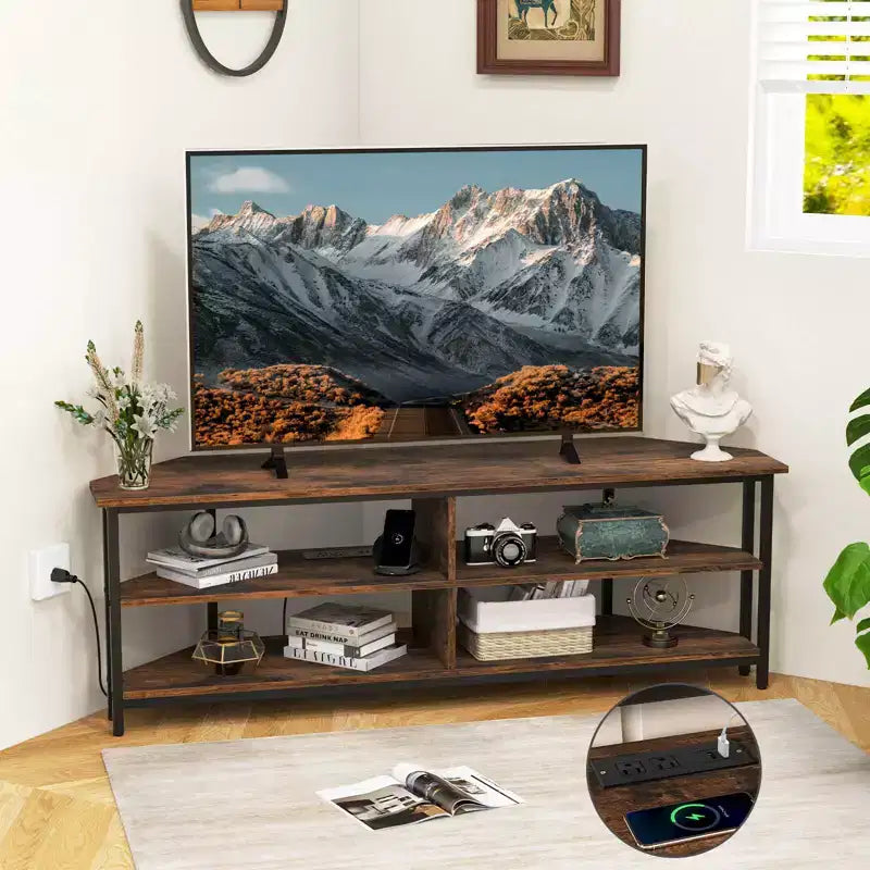 Costway Corner TV Stand for TVs up to 65 TV Console Table with AC Outlets&USB A Ports Rustic Brown/Black/White