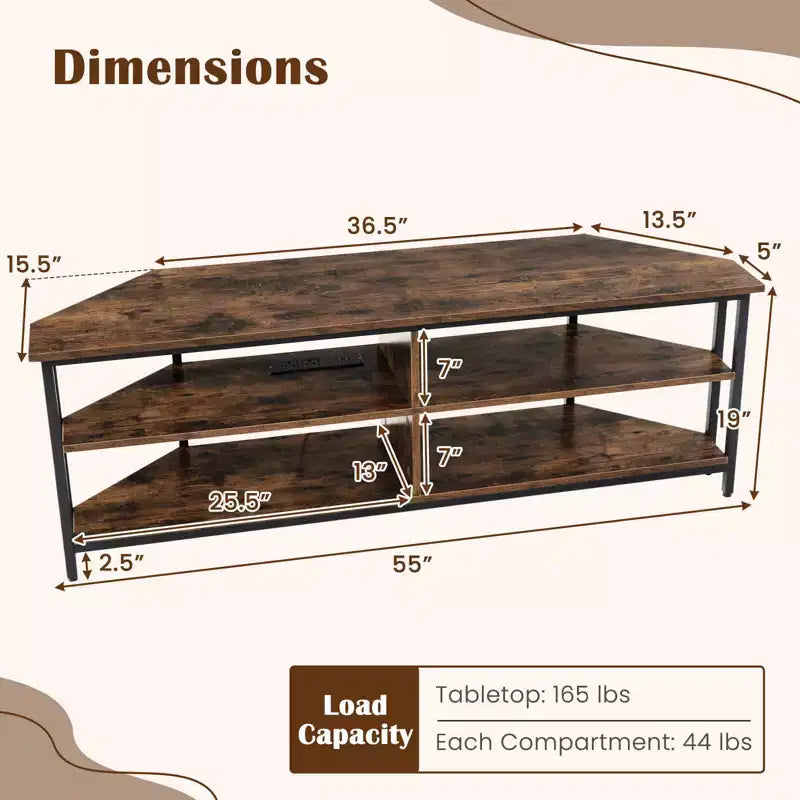 Costway Corner TV Stand for TVs up to 65 TV Console Table with AC Outlets&USB A Ports Rustic Brown/Black/White