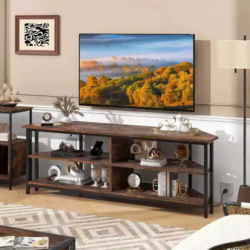 Costway Corner TV Stand for TVs up to 65 TV Console Table with AC Outlets&USB A Ports Rustic Brown/Black/White