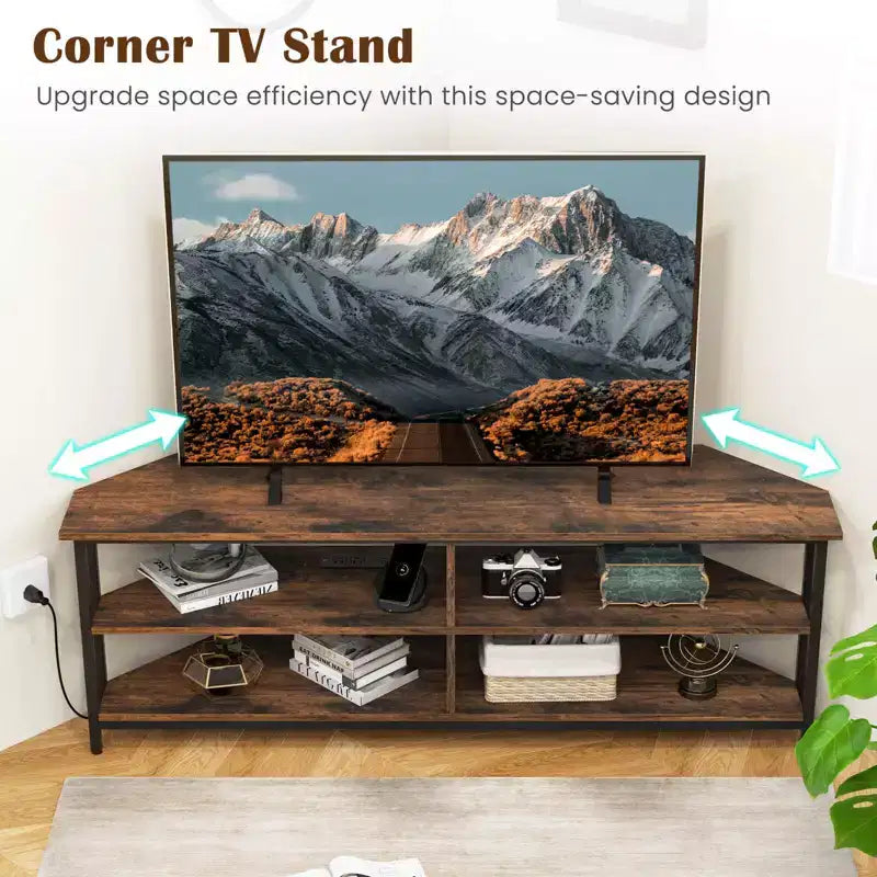 Costway Corner TV Stand for TVs up to 65 TV Console Table with AC Outlets&USB A Ports Rustic Brown/Black/White