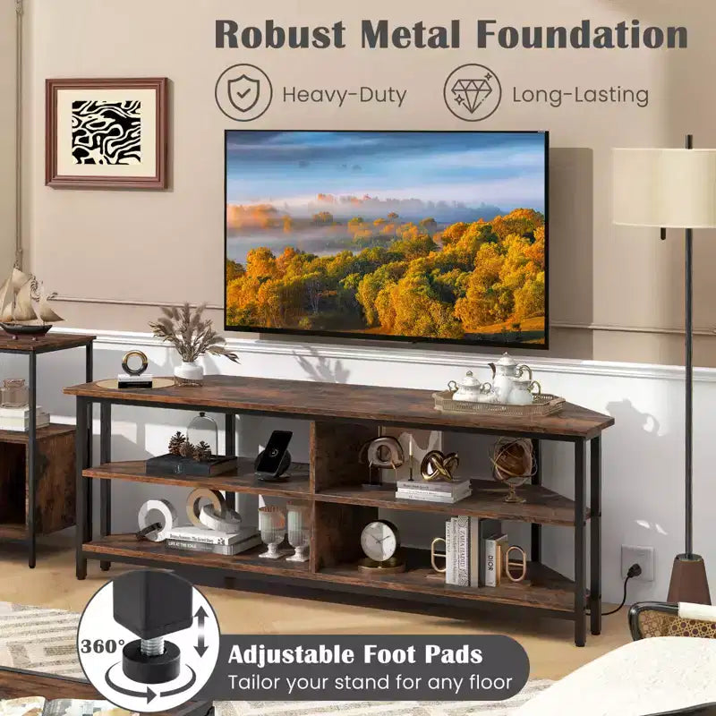 Costway Corner TV Stand for TVs up to 65 TV Console Table with AC Outlets&USB A Ports Rustic Brown/Black/White