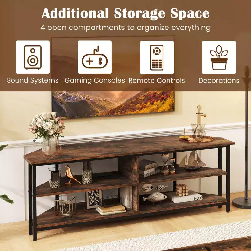 Costway Corner TV Stand for TVs up to 65 TV Console Table with AC Outlets&USB A Ports Rustic Brown/Black/White