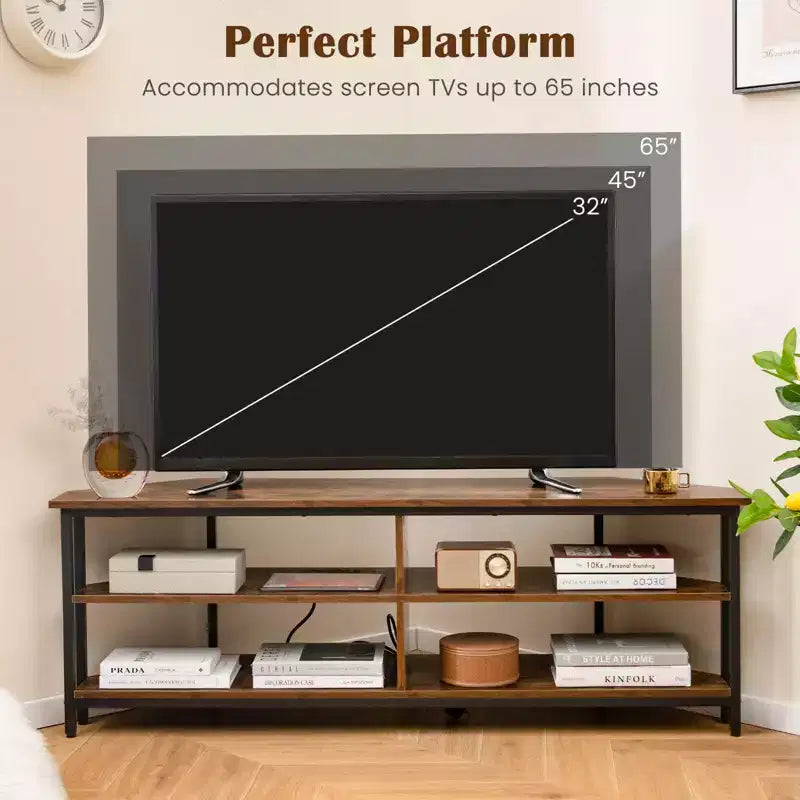 Costway Corner TV Stand for TVs up to 65 TV Console Table with AC Outlets&USB A Ports Rustic Brown/Black/White