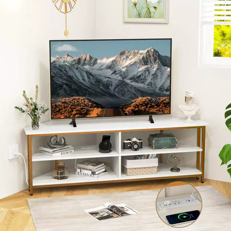 Costway Corner TV Stand for TVs up to 65 TV Console Table with AC Outlets&USB A Ports Rustic Brown/Black/White