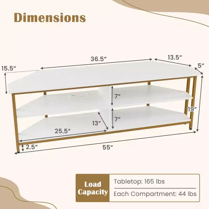Costway Corner TV Stand for TVs up to 65 TV Console Table with AC Outlets&USB A Ports Rustic Brown/Black/White