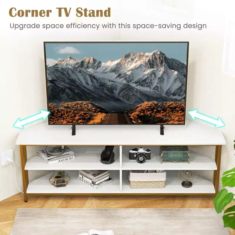 Costway Corner TV Stand for TVs up to 65 TV Console Table with AC Outlets&USB A Ports Rustic Brown/Black/White