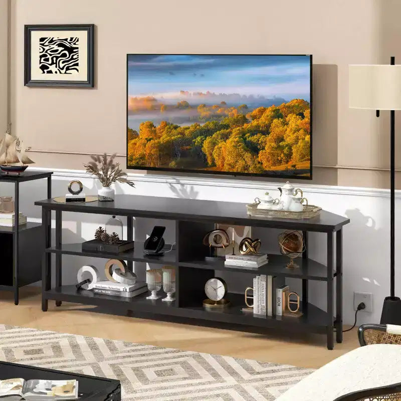 Costway Corner TV Stand for TVs up to 65 TV Console Table with AC Outlets&USB A Ports Rustic Brown/Black/White