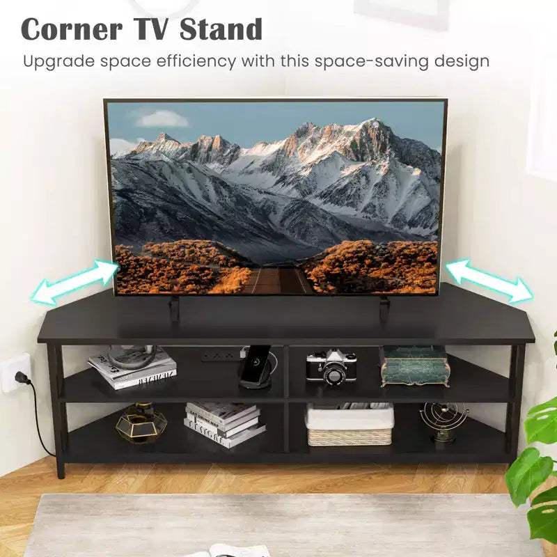 Costway Corner TV Stand for TVs up to 65 TV Console Table with AC Outlets&USB A Ports Rustic Brown/Black/White
