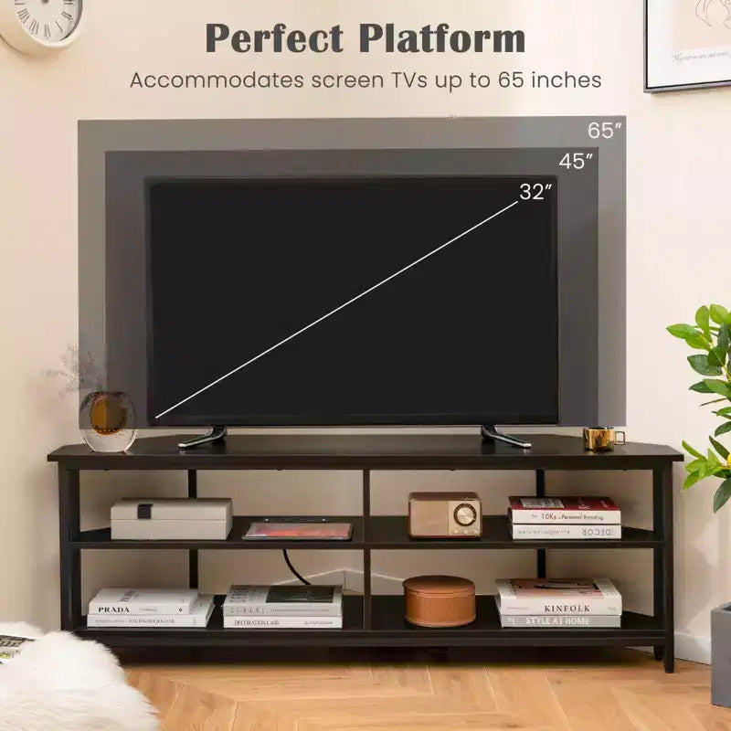 Costway Corner TV Stand for TVs up to 65 TV Console Table with AC Outlets&USB A Ports Rustic Brown/Black/White