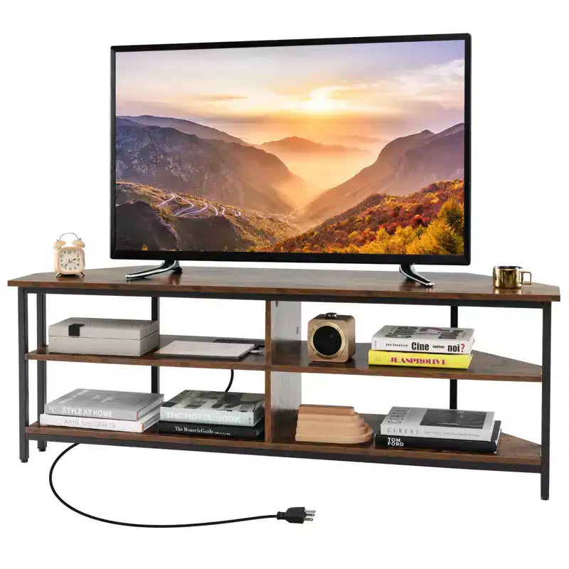 Costway Corner TV Stand for TVs up to 65 TV Console Table with AC Outlets&USB A Ports Rustic Brown/Black/White