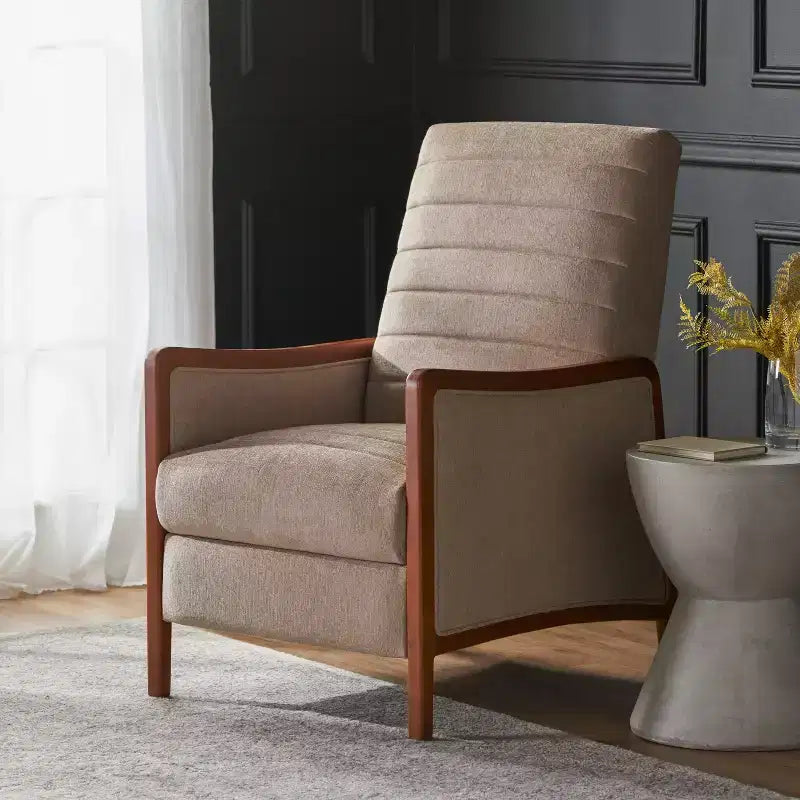 GDFStudio Mendota Mid Century Modern Fabric Channel Stitch Wood Pushback Recliner
