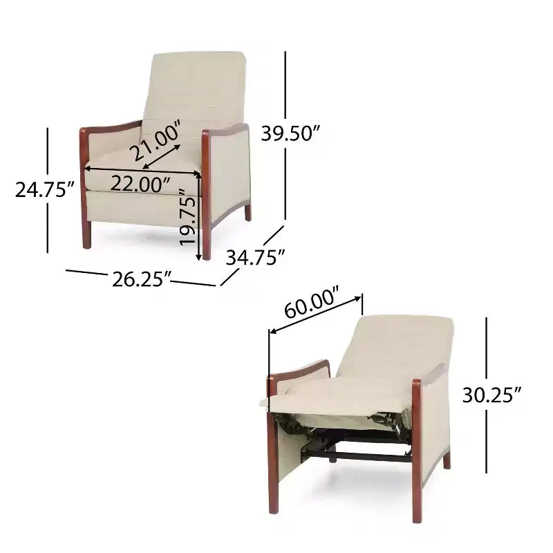GDFStudio Mendota Mid Century Modern Fabric Channel Stitch Wood Pushback Recliner