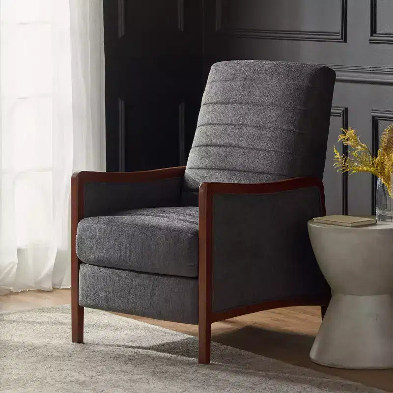 GDFStudio Mendota Mid Century Modern Fabric Channel Stitch Wood Pushback Recliner