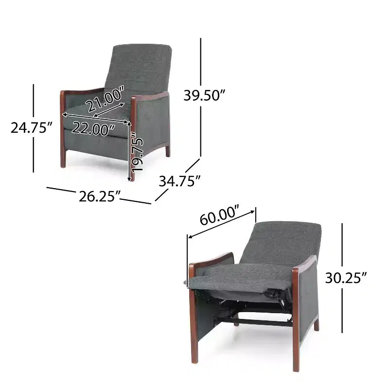 GDFStudio Mendota Mid Century Modern Fabric Channel Stitch Wood Pushback Recliner