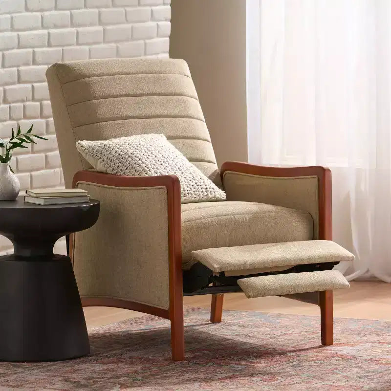 GDFStudio Mendota Mid Century Modern Fabric Channel Stitch Wood Pushback Recliner